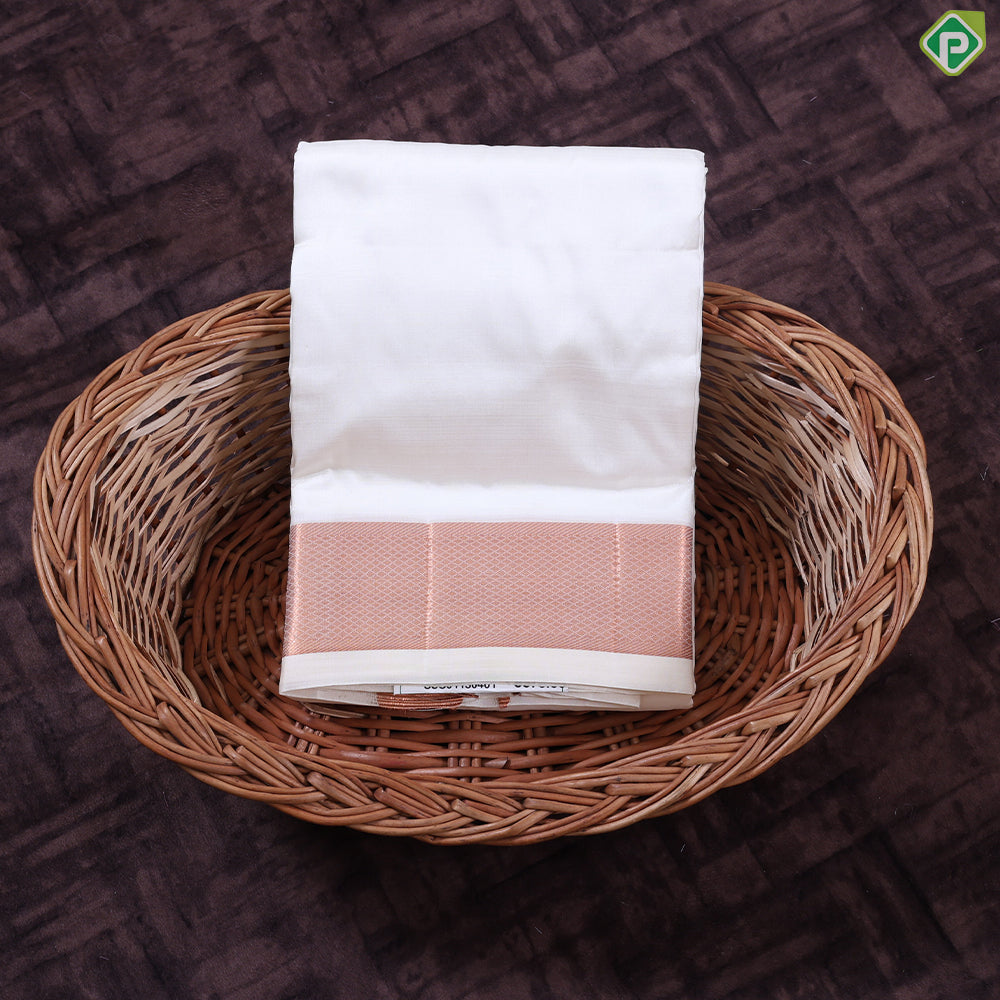 Cream White Copper zari 100 Kan 8'*4' Pure Silk Dhoti Towel Pattu Vesti Thundu Set