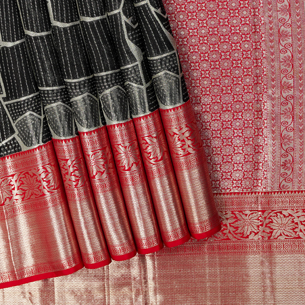 Black With Chilly Red Colour Big Shape Motifs Grand Bridal Wedding Silks Saree