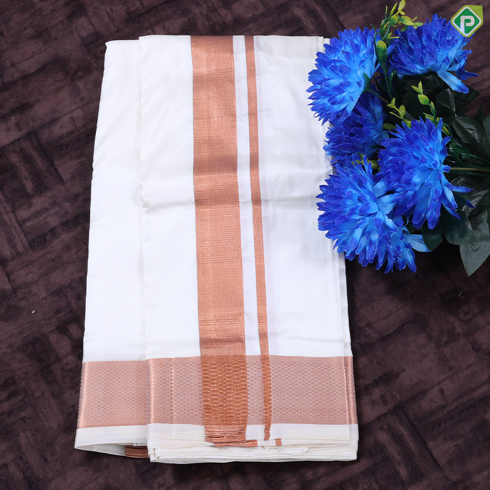 Cream White Copper zari 100 Kan 8'*4' Pure Silk Dhoti Towel Pattu Vesti Thundu Set
