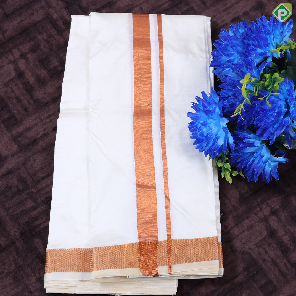 Cream White Copper zari 60 Kan 8'*4' Pure Silk Dhoti Towel Pattu Vesti Thundu Set