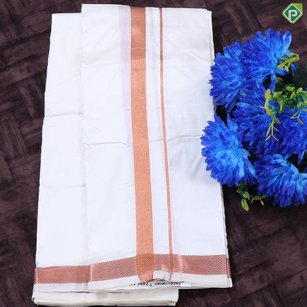 Cream White Copper zari 40 Kan 8'*4' Pure Silk Dhoti Towel Pattu Vesti Thundu Set