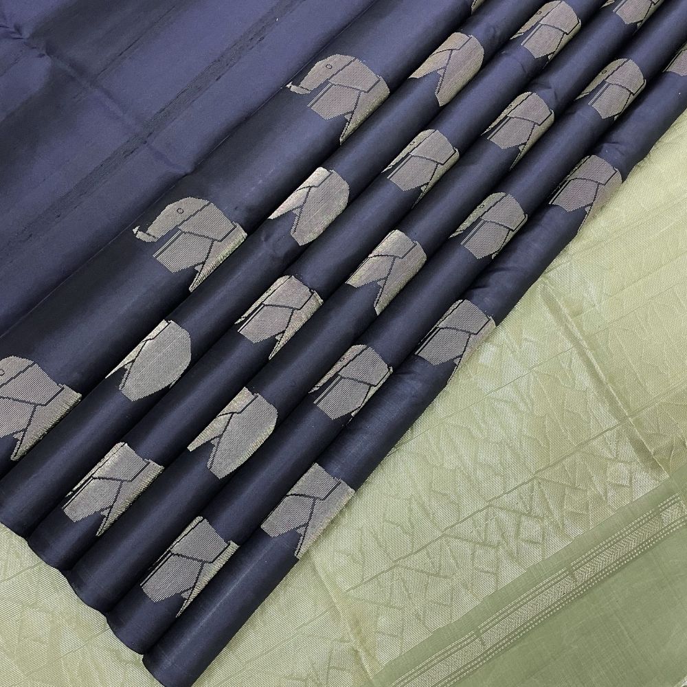 Grape Grey Gold Zari Modern Elephant Butta Motifs Design Borderless Soft Silk Saree