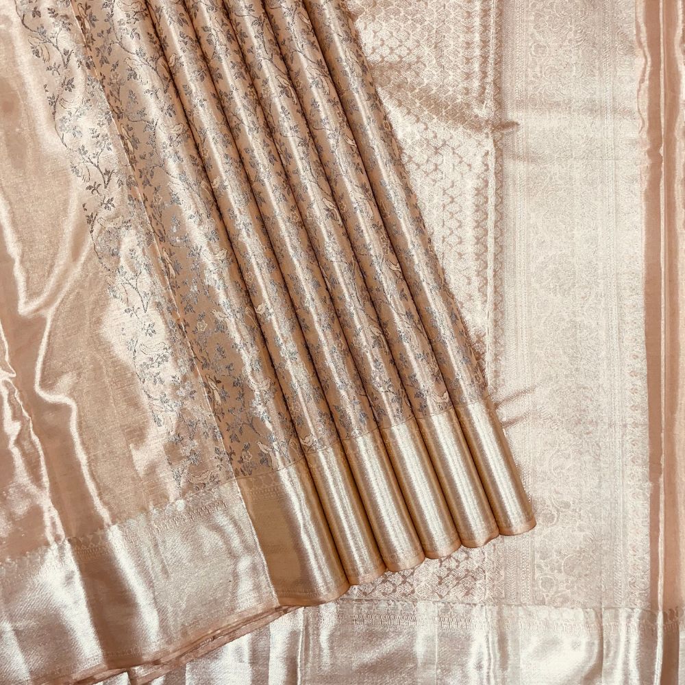 Peach Colour With Neem Zari And Silver Zari Bavanji Border Bridal Tissue Silk Saree