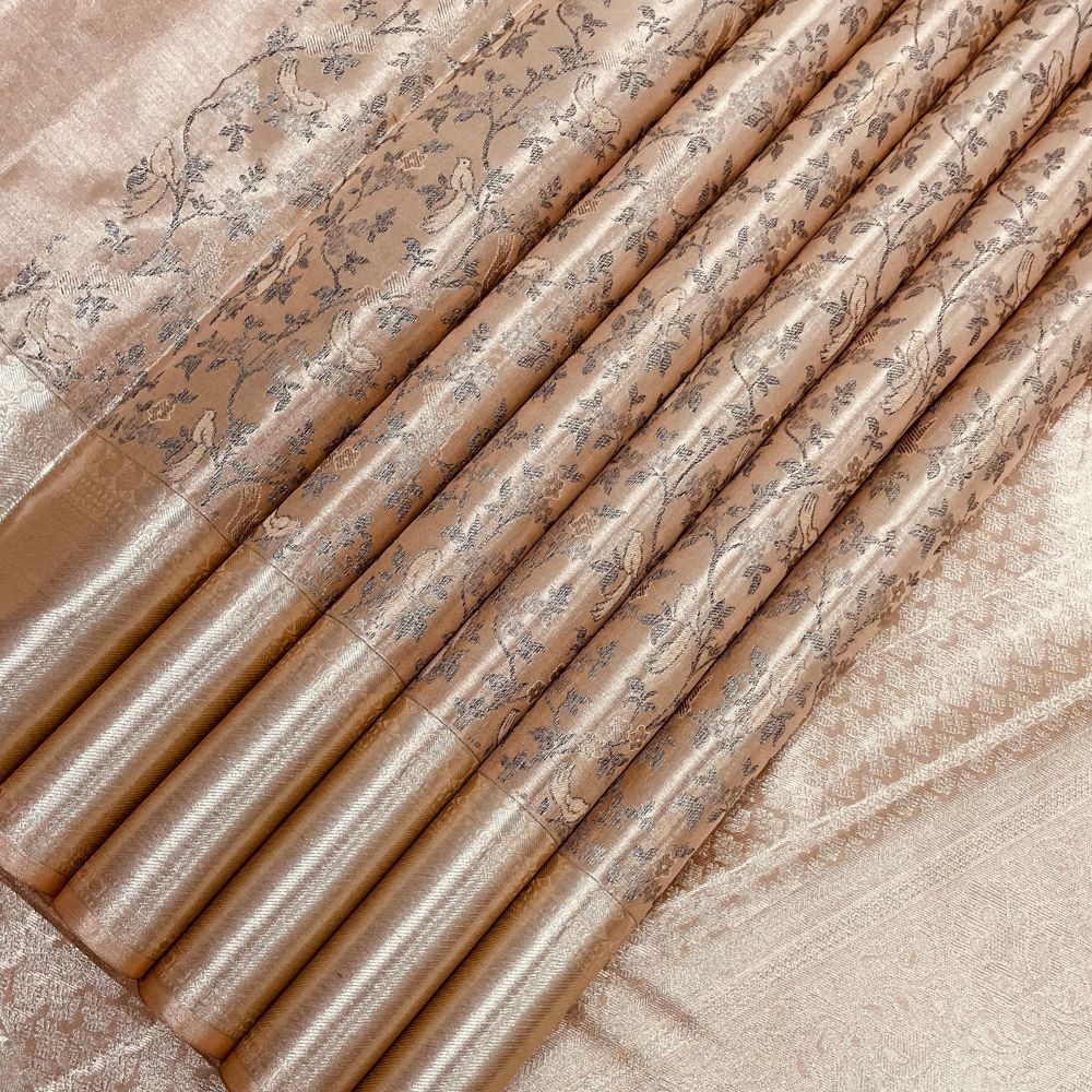 Peach Colour With Neem Zari And Silver Zari Bavanji Border Bridal Tissue Silk Saree