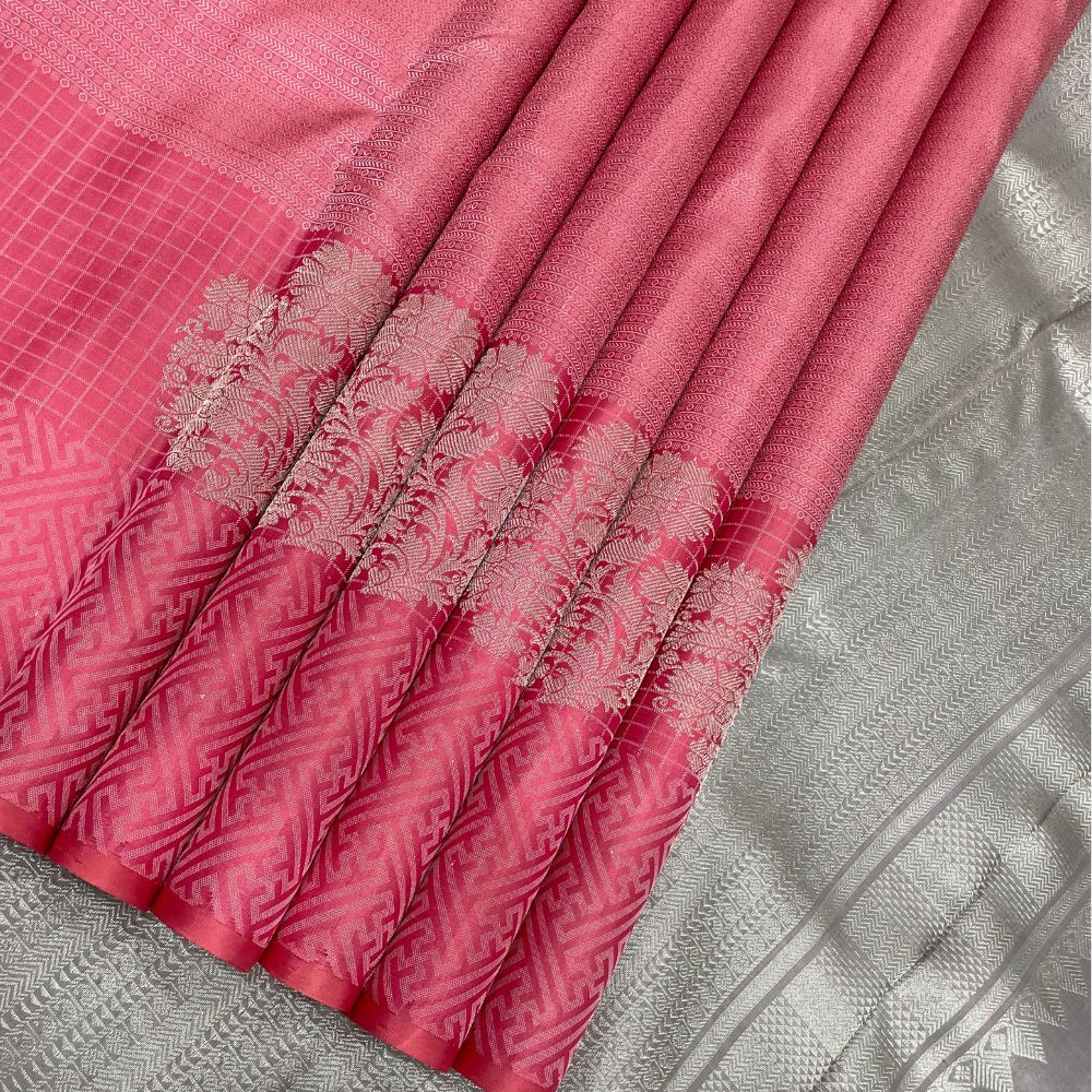 Bubblegum Pink Self Colour With Silver Zari Big Flower Padded Border Trendy Designer Silk Saree