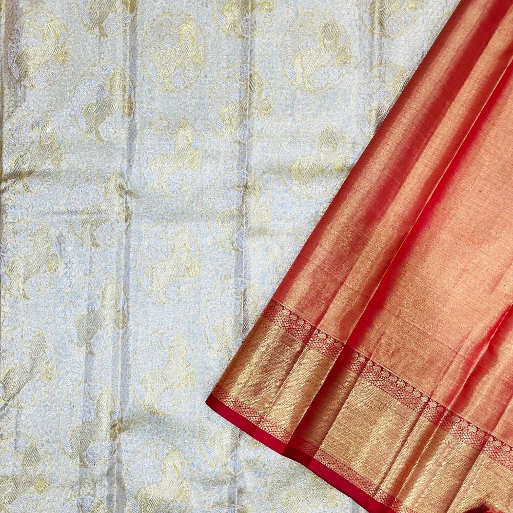 Gold With Silver Zari Horse Round Design Gold Zari Diamond Design Butta Border Exclusive Bridal Silk Saree