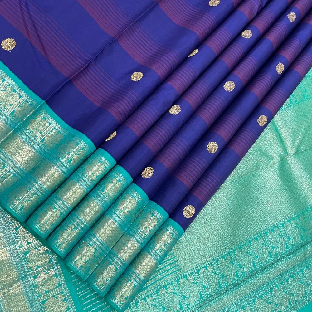 Dark Violet With Peacock Butta Retta Pet Korvai Border Traditional Silk Saree