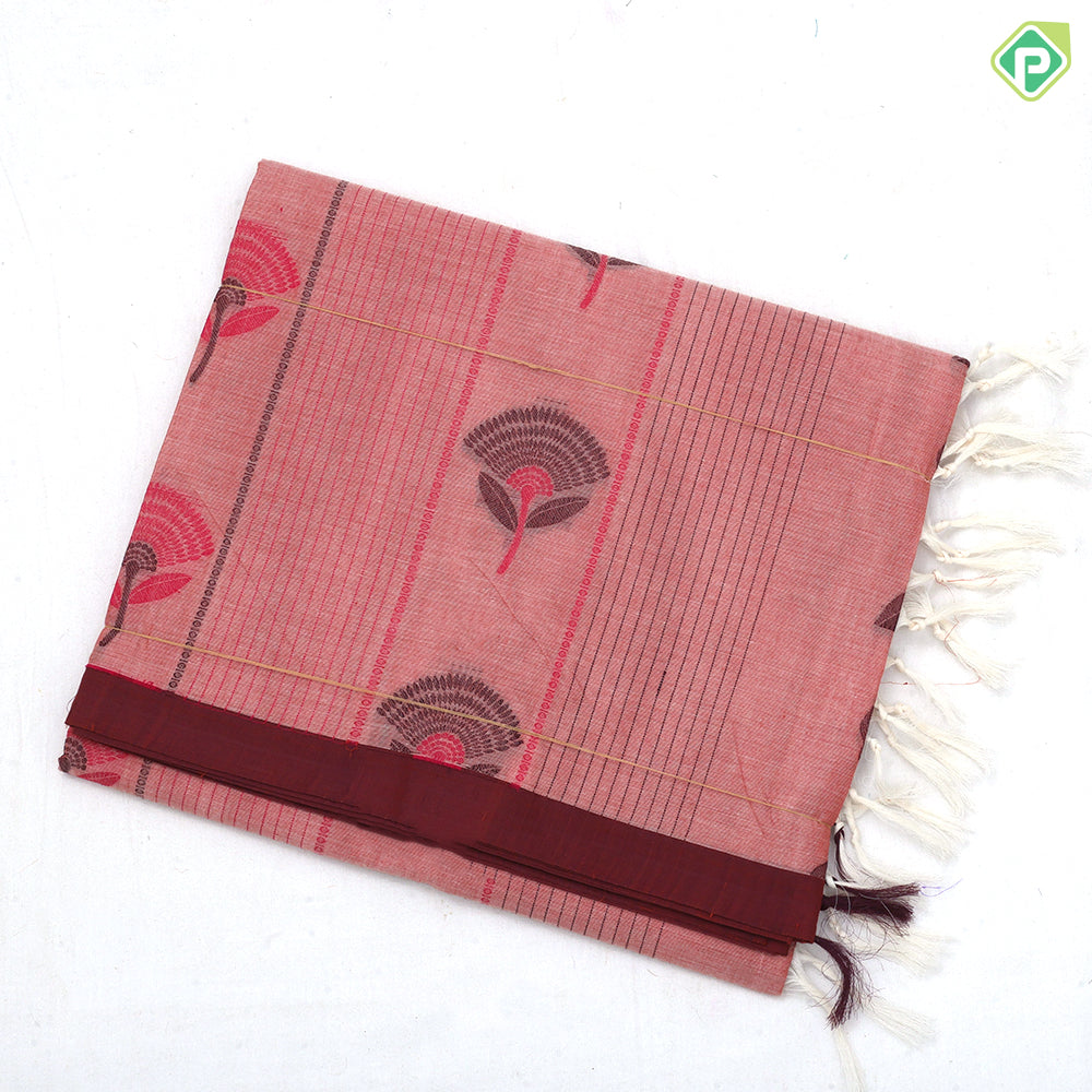 Neutral color Fancy flowers and thread lines contrast dark border soft cotton saree