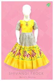 Cream White With Corn Yellow Colour Cross Leharia Lines 8 Year Size Shivangi Fancy Frock  Type Lehanga