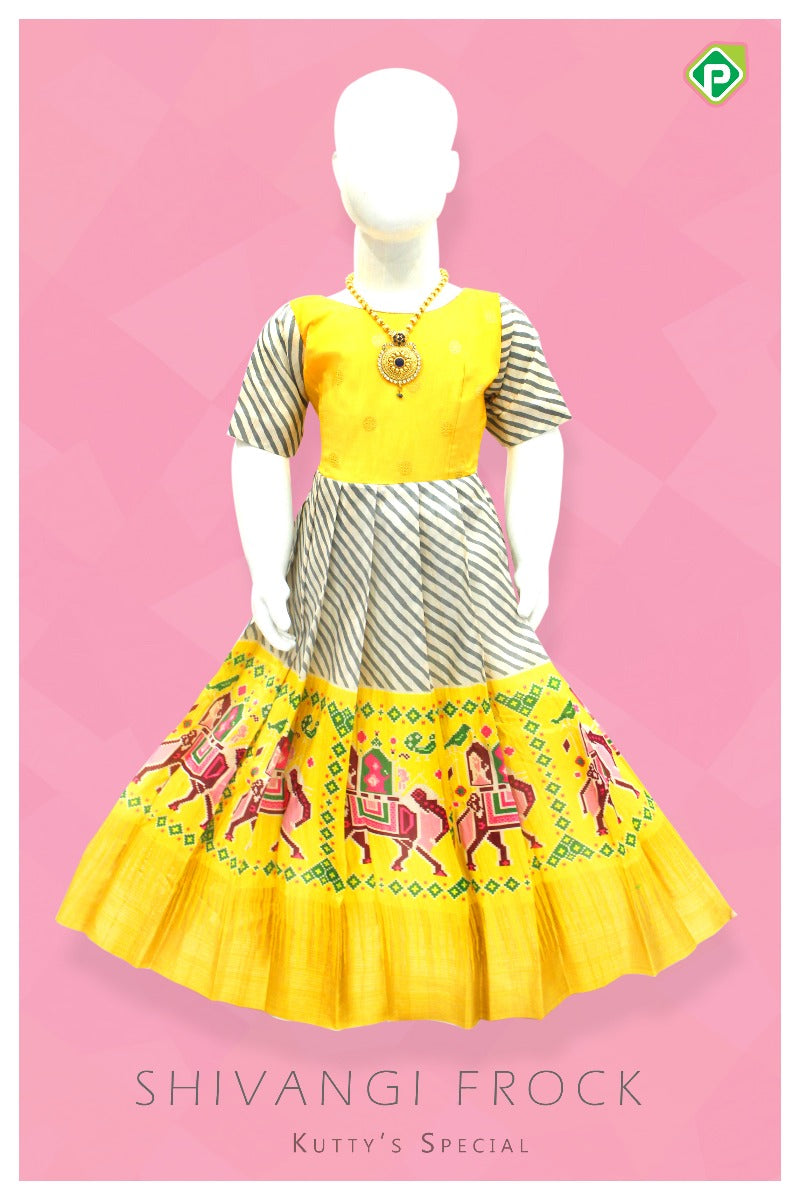 Cream White With Corn Yellow Colour Cross Leharia Lines 10 Year Size Shivangi Fancy Frock Type Lehanga