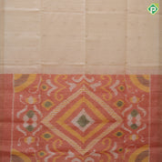 creamy sandal gold zari chakkaram butta motifs self gold zari border ikkat style pallu linen soft silk saree