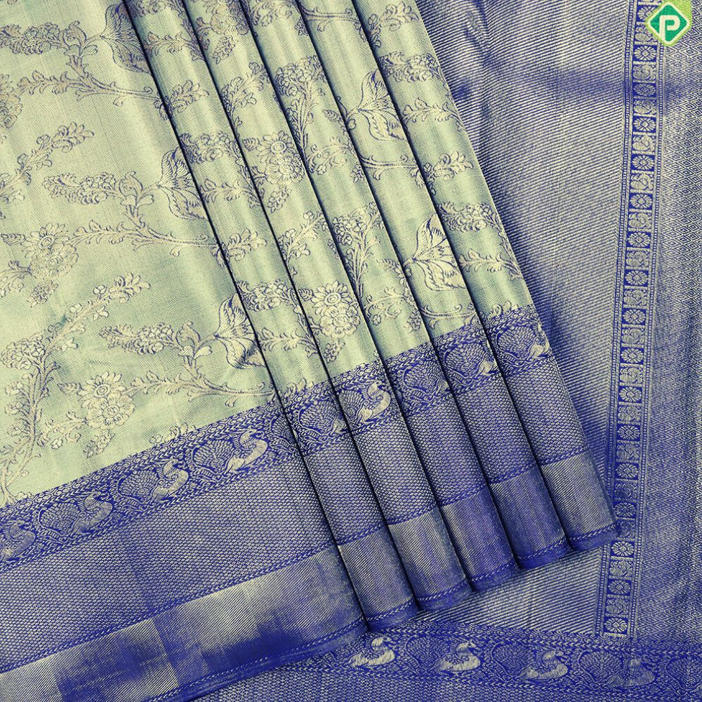 Cardamon Green With Gold Zari Weaved Floral And Royal Blue Grand Silk Saree