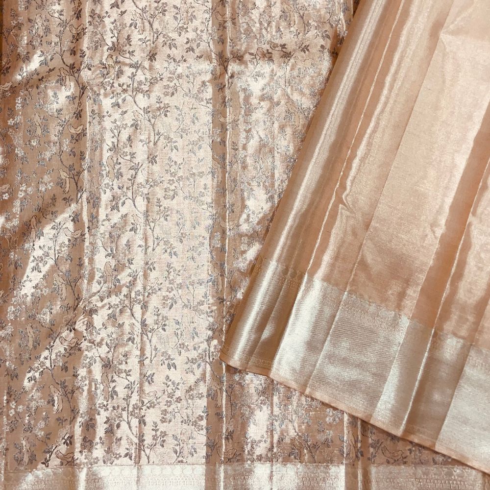 Peach Colour With Neem Zari And Silver Zari Bavanji Border Bridal Tissue Silk Saree