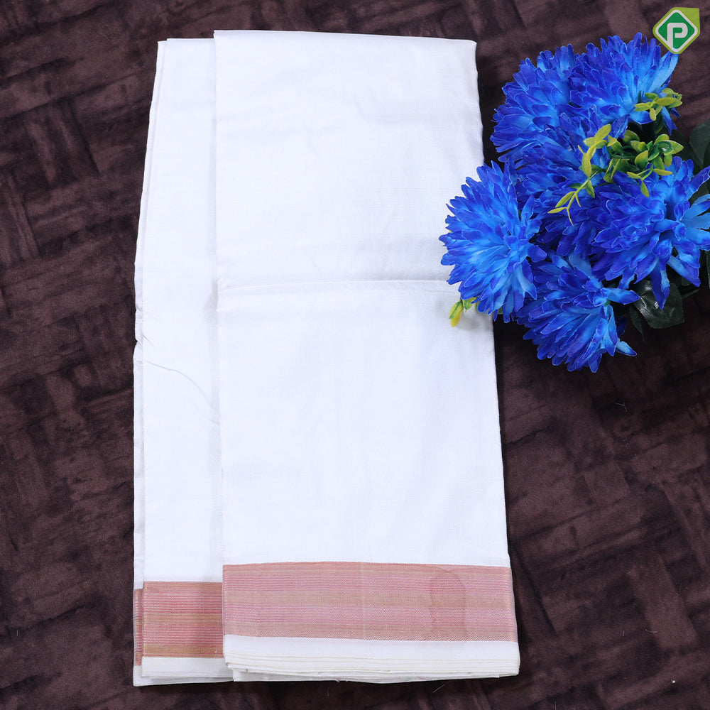 Cream White gold zari 80 Kan 8'*4' Pure Silk Dhoti Towel Pattu Vesti Thundu Set
