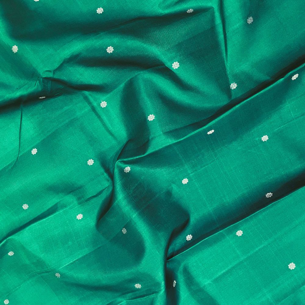 Bottle Green With Silver Zari Temple Tower Butta Design Border Trendy Designer Silk Saree