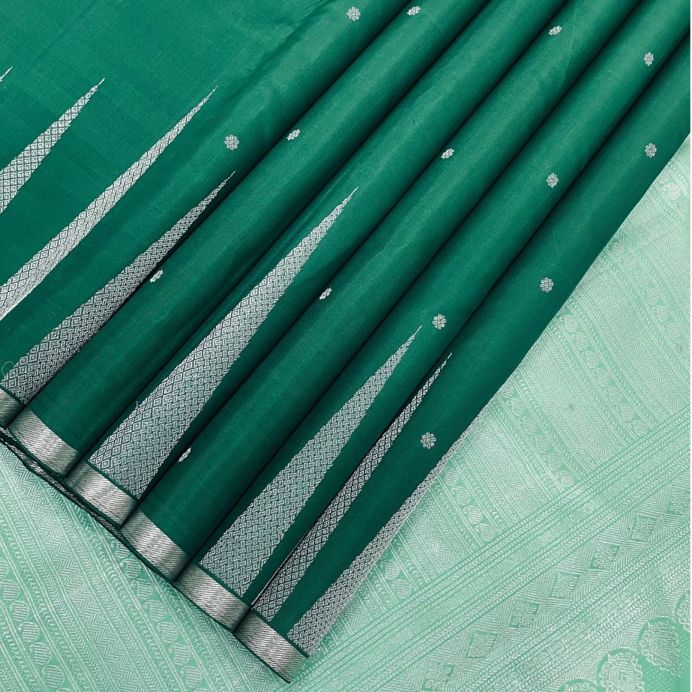 Bottle Green With Silver Zari Temple Tower Butta Design Border Trendy Designer Silk Saree