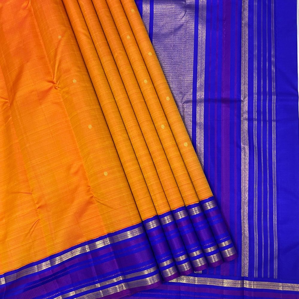 Fanta Orange Gold Zari And Purple Thread Lines Edge Border Traditional Silk Saree