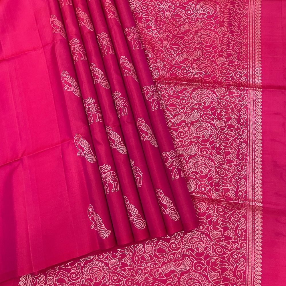 Rani Pink Borderless Vanasingaram Design Pallu Soft Silk Saree