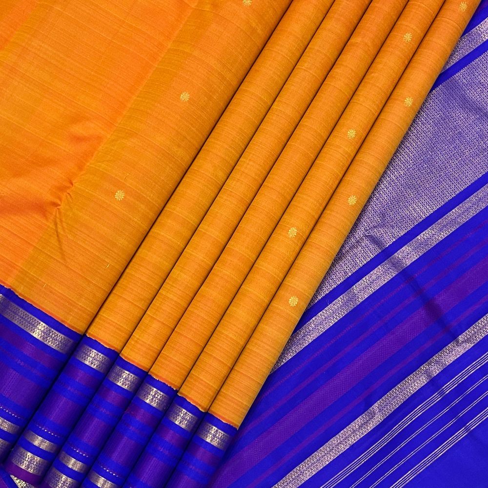 Fanta Orange Gold Zari And Purple Thread Lines Edge Border Traditional Silk Saree