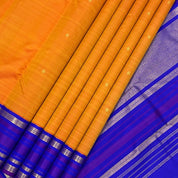 Fanta Orange Gold Zari And Purple Thread Lines Edge Border Traditional Silk Saree