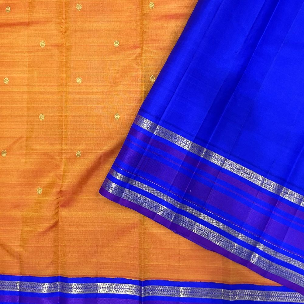 Fanta Orange Gold Zari And Purple Thread Lines Edge Border Traditional Silk Saree
