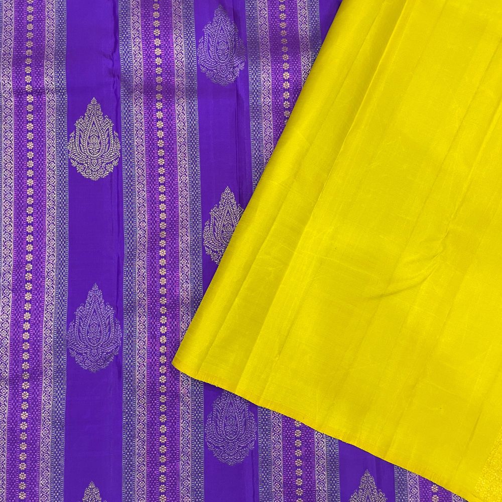 Purple Blue With Lotus Thilagam Butta Lines Borderless Trendy Designer Silk Saree