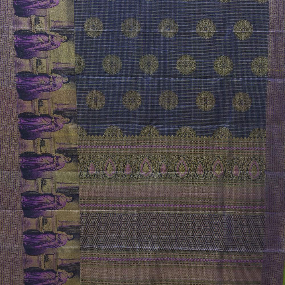 Royal Blue gold zari kattam checked round butta self thamayanthi stading posture art effect painting signature silk saree