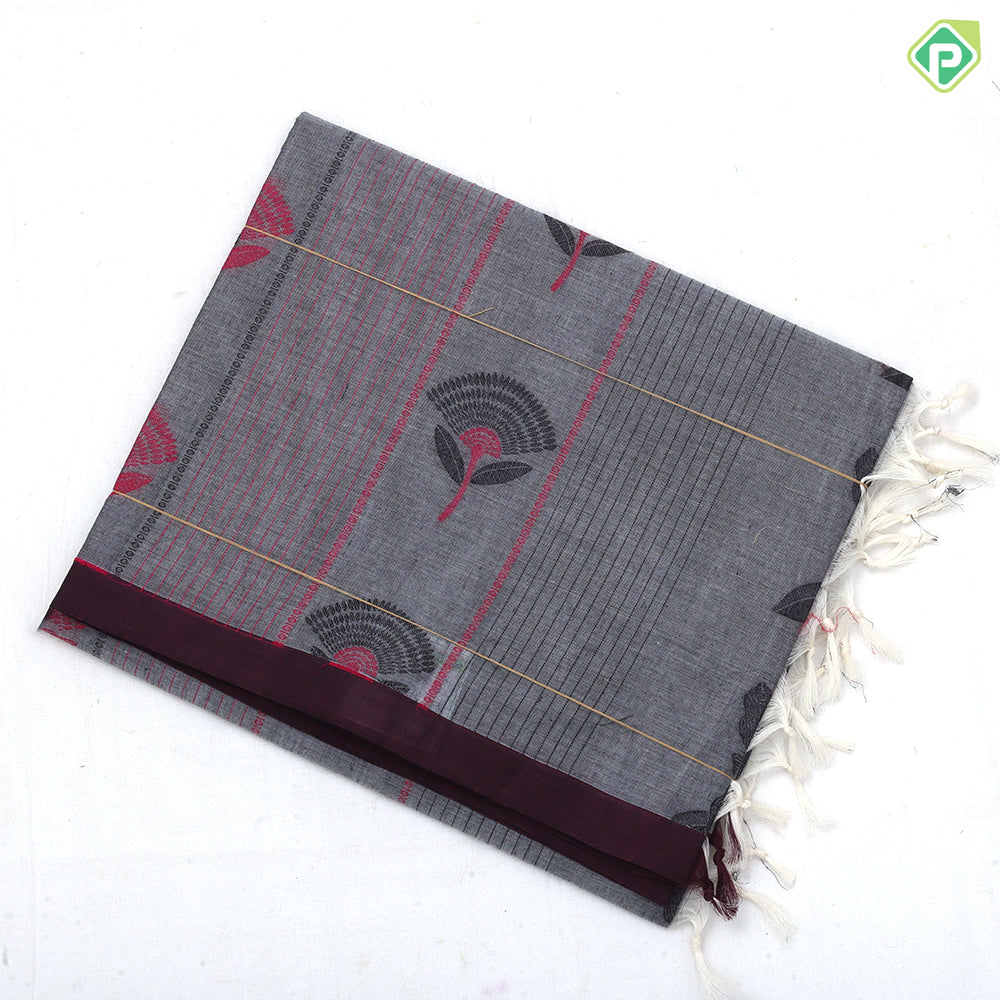 Neutral color Fancy flowers and thread lines contrast dark border soft cotton saree