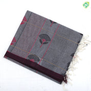 Neutral color Fancy flowers and thread lines contrast dark border soft cotton saree