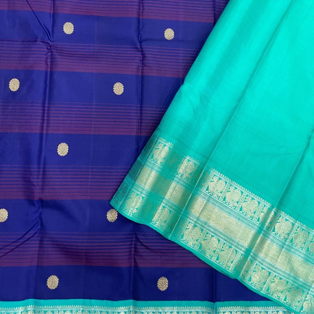 Dark Violet With Peacock Butta Retta Pet Korvai Border Traditional Silk Saree