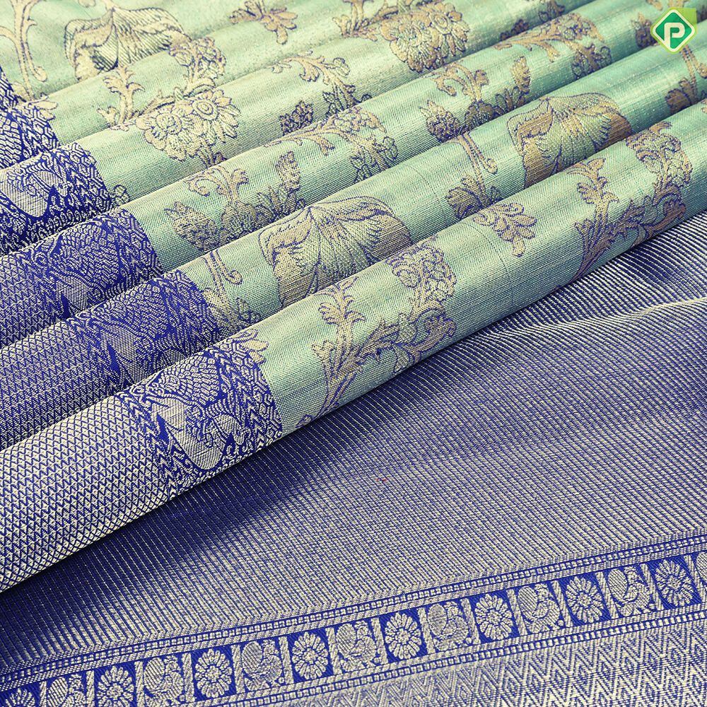 Cardamon Green With Gold Zari Weaved Floral And Royal Blue Grand Silk Saree