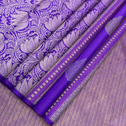 Purple Blue With Lotus Thilagam Butta Lines Borderless Trendy Designer Silk Saree