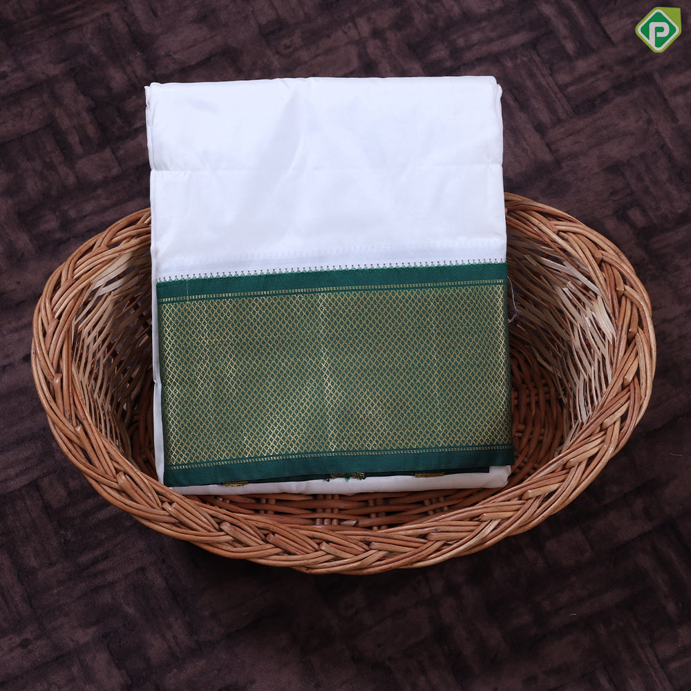 Pure White Ganga Jamuna Gold Zari 21 Kan Border Pure Silk 9*5 Dhoti Vesti