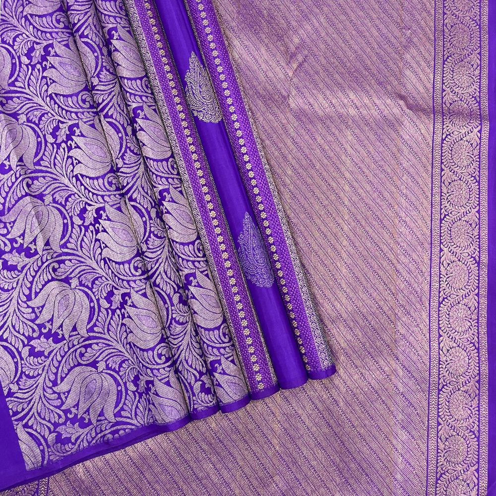 Purple Blue With Lotus Thilagam Butta Lines Borderless Trendy Designer Silk Saree