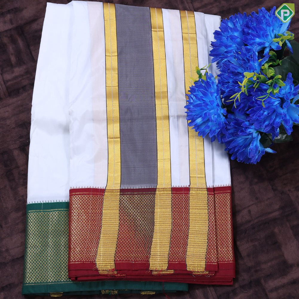 Pure White Ganga Jamuna Gold Zari 21 Kan Border Pure Silk 9*5 Dhoti Vesti