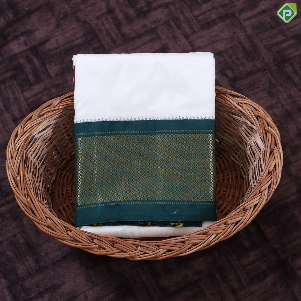 Cream White Ganga Jamuna Gold Zari 21 Kan Border Pure Silk 9*5 Dhoti Vesti