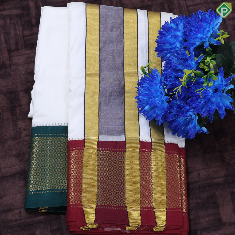 Cream White Ganga Jamuna Gold Zari 21 Kan Border Pure Silk 9*5 Dhoti Vesti