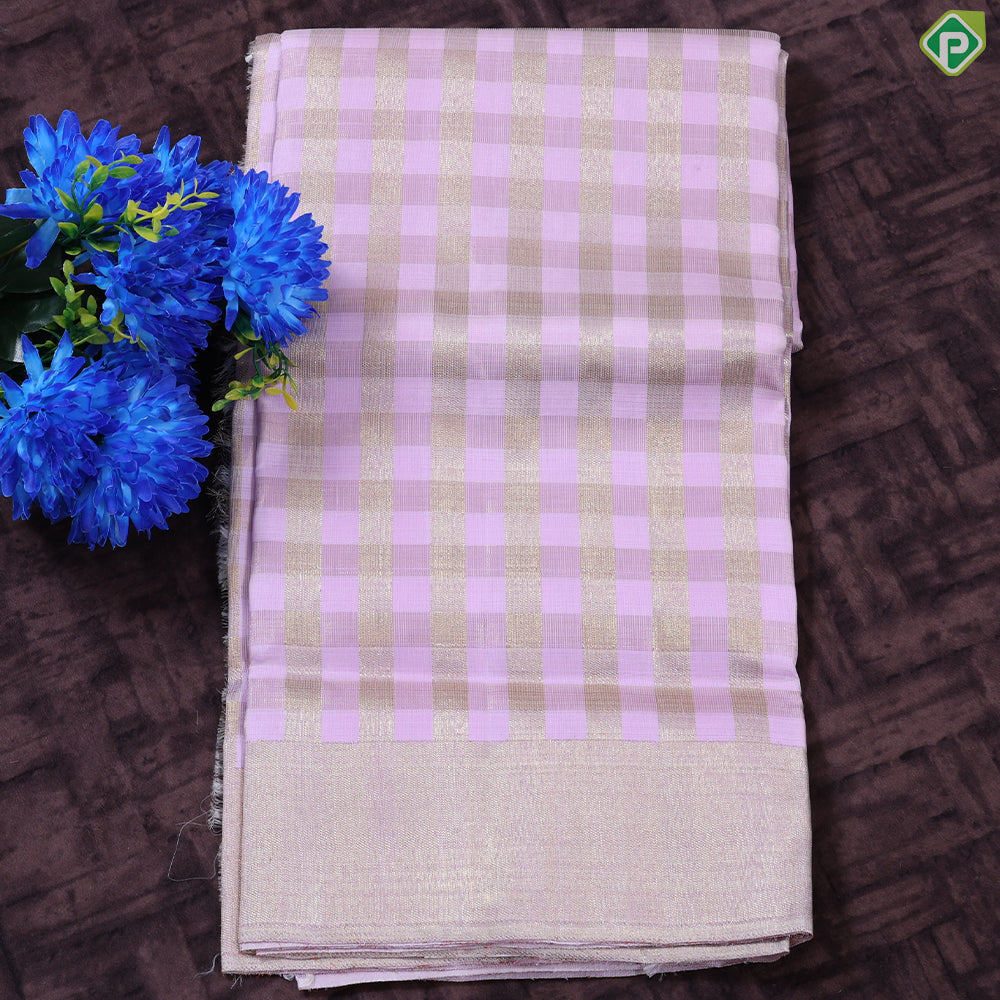 Baby Pink Gold Zari Checkered Design Self Gold Zari Plain border Border 9'*5' Vesti Dhoti Set
