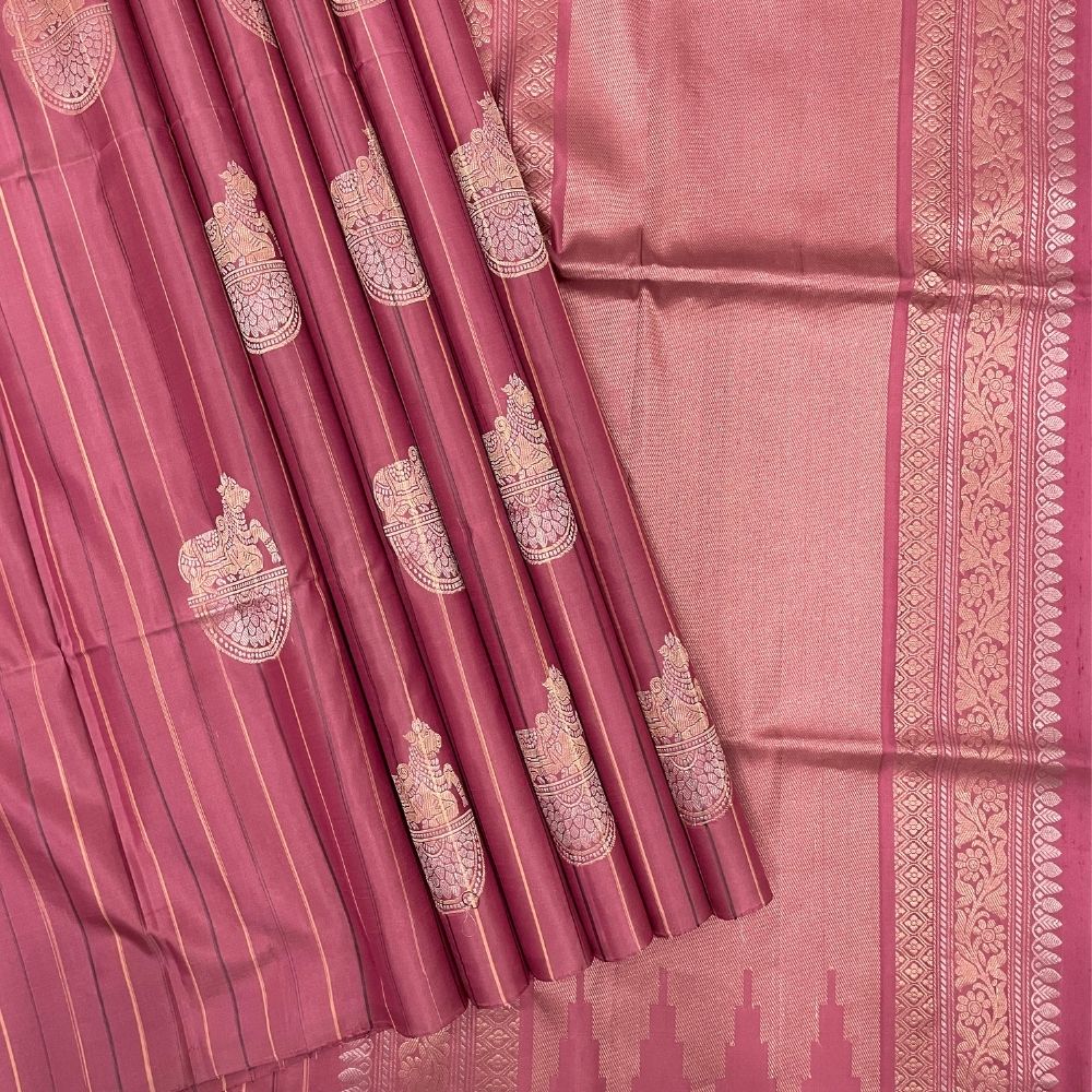 Dark Onion Pink Silver And Gold Zari Nandhi on Peetam Butta Design Borderless Soft Silk Saree