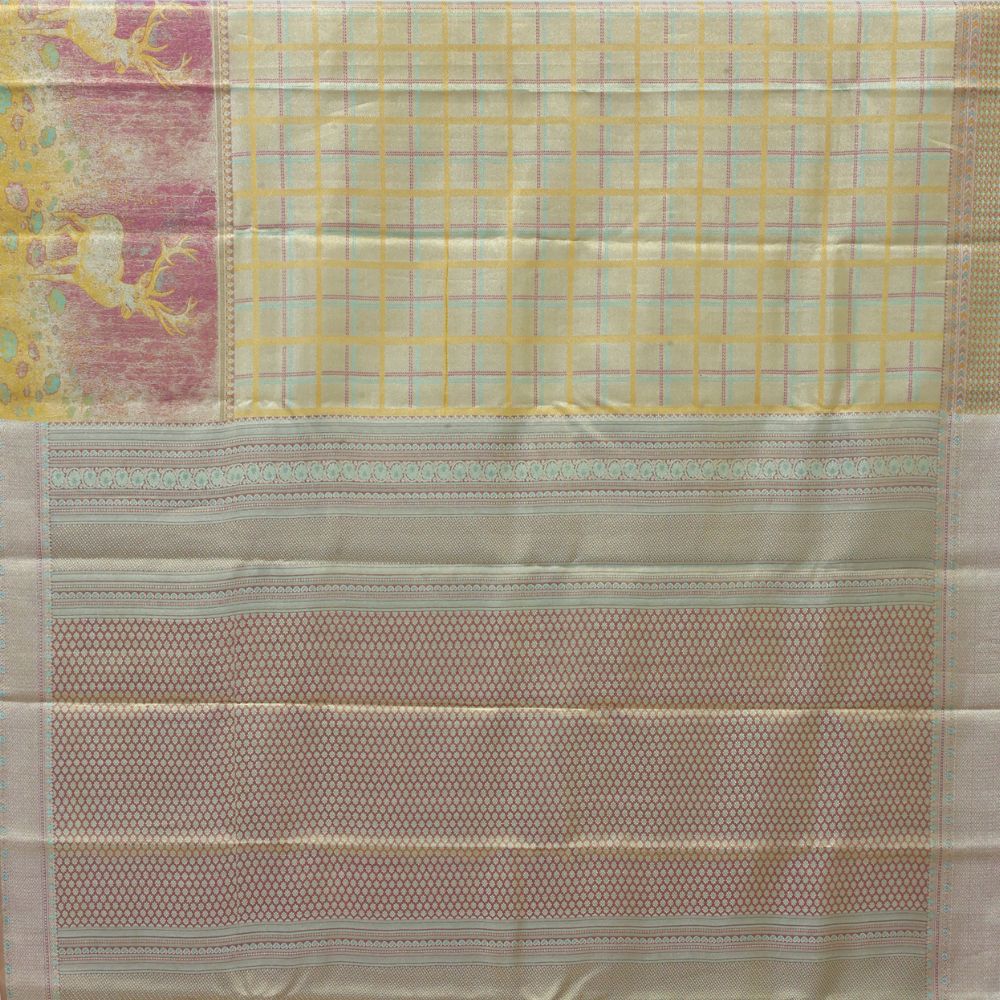 Golden yellow Multi color silk thread checks tropical effect border trendy tissue contemporary silk saree