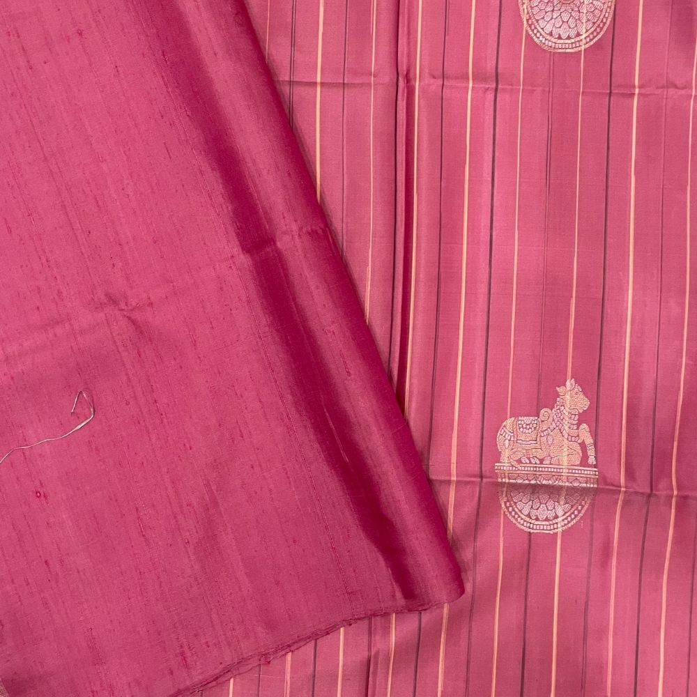 Dark Onion Pink Silver And Gold Zari Nandhi on Peetam Butta Design Borderless Soft Silk Saree