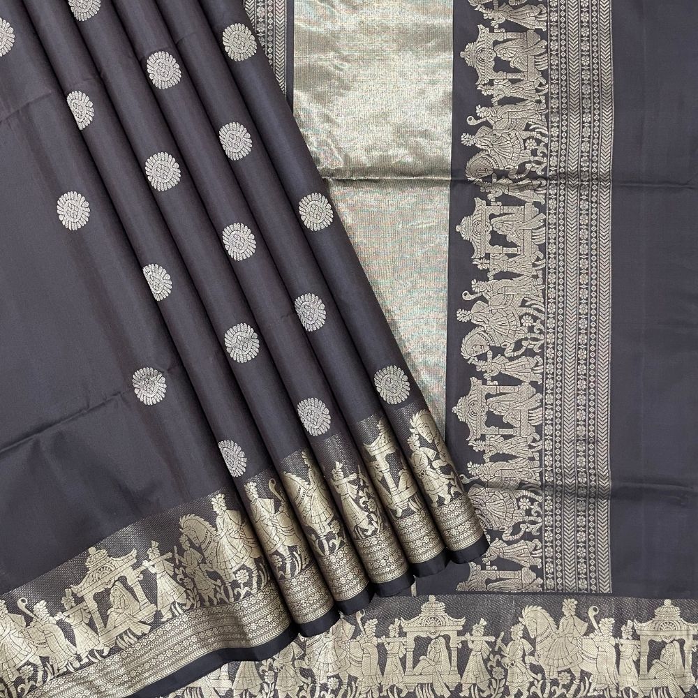 Elephant Grey With Gold Zari Princess In the Pallakku Design Border Soft Silk Saree