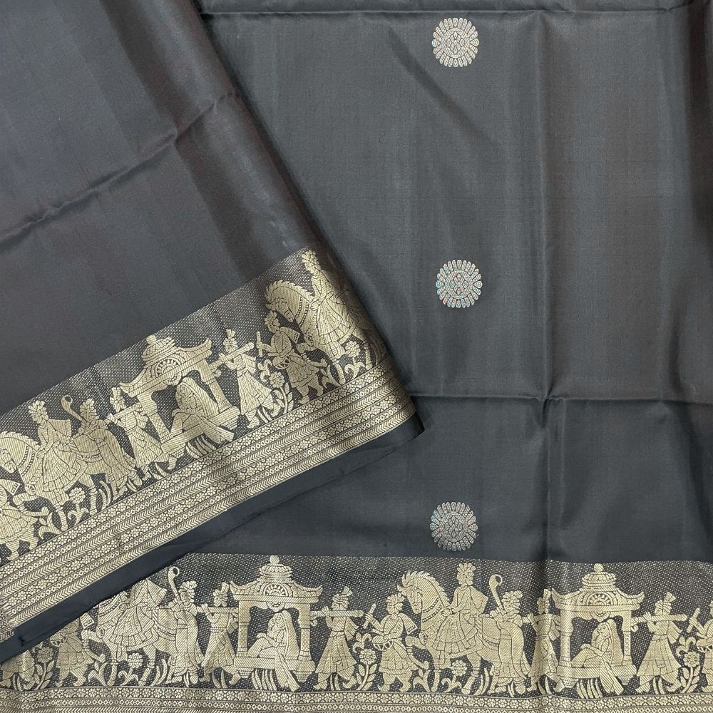 Elephant Grey With Gold Zari Princess In the Pallakku Design Border Soft Silk Saree