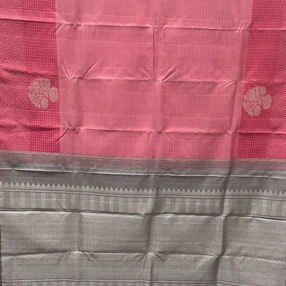 Bubblegum Pink Self Colour With Silver Zari Big Flower Padded Border Trendy Designer Silk Saree