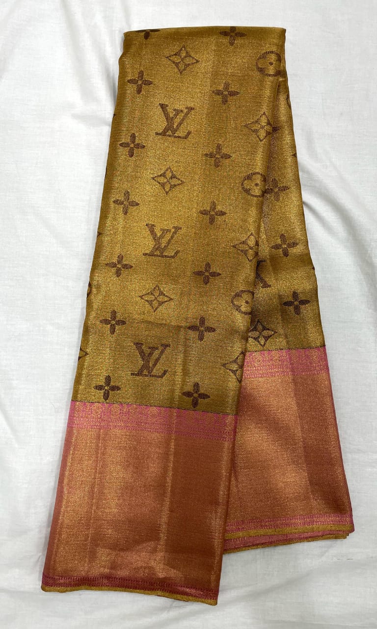 Onion Pink Silver Zari Louie Viton Signature Edition Silk Saree