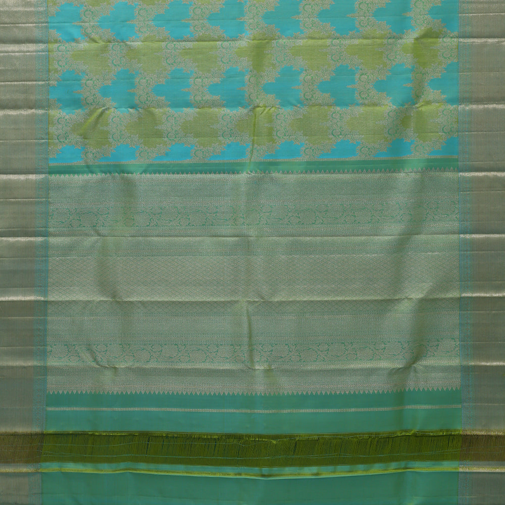 Dual green tone with silver gold zari rankat design self color bavanji border bridal silk saree