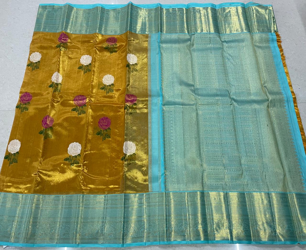 gold zari tissue multi color rose meena work design lavender gold zari border bridal tissue silk saree