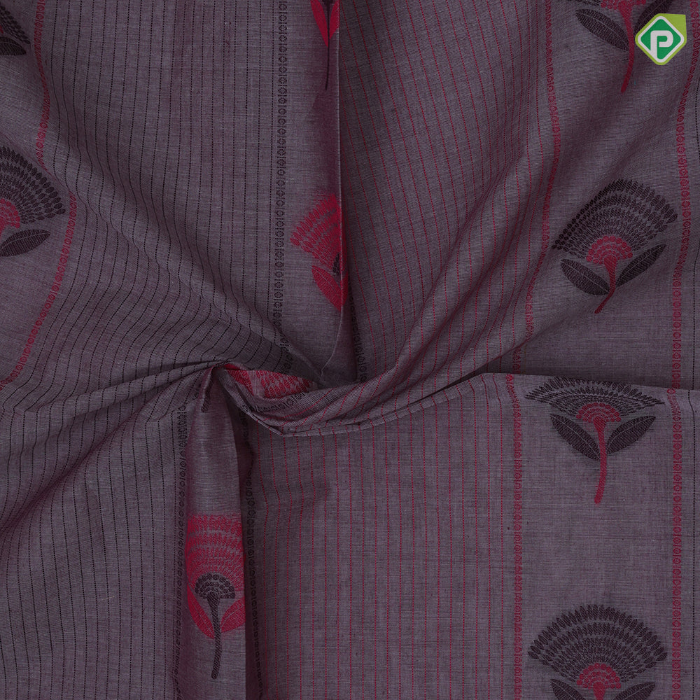 Neutral color Fancy flowers and thread lines contrast dark border soft cotton saree