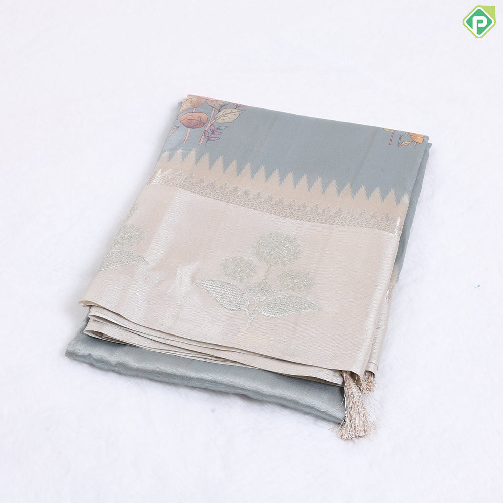 Sandal Colour With Multi Colour Flowers Printed Design Semi tusser Fancy Saree