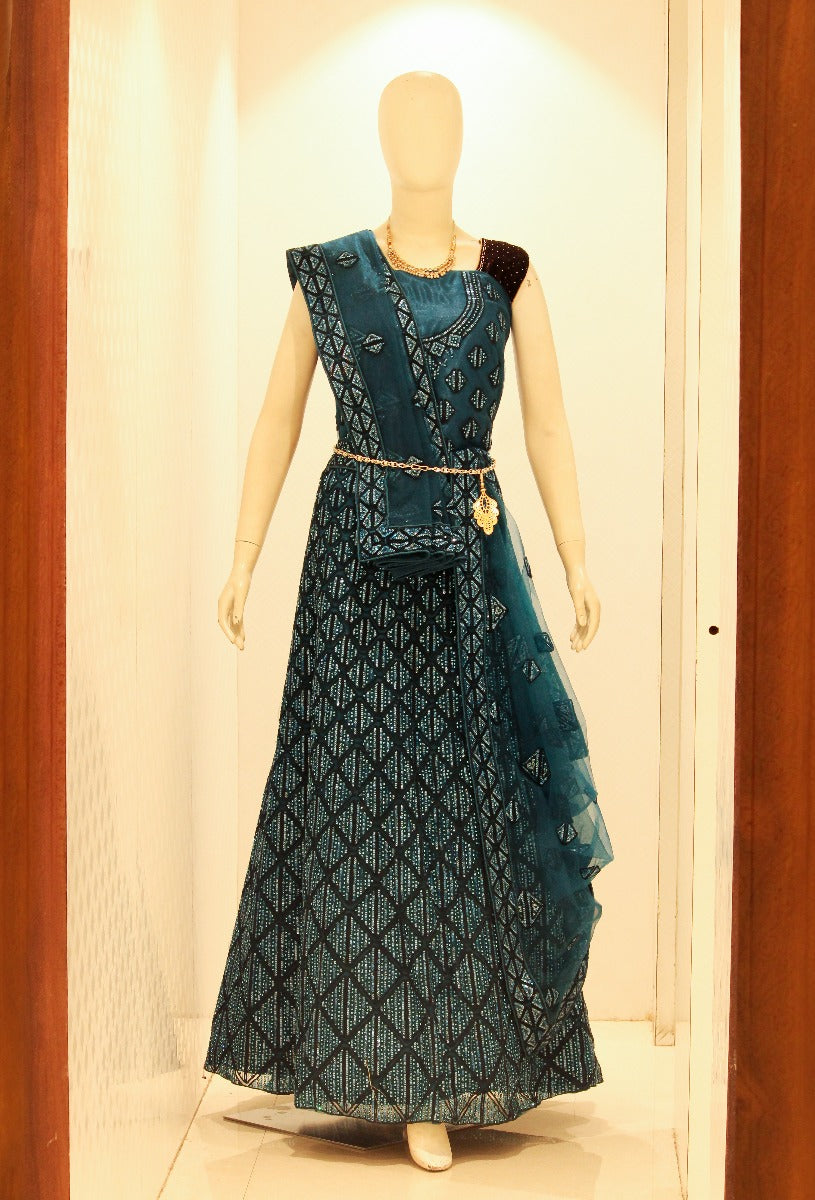 Peacock Blue Colour Grand Stone Embroidery Work Motifs Velvet Grand  Gagra choli Fancy Lehange